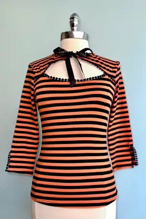 Black and Orange Striped Cut-Out Neck Top