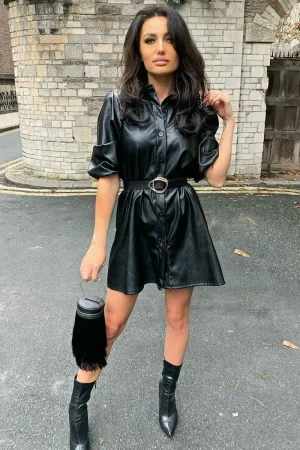 Black Faux Leather Puff Sleeve Shirt Dress - Fizza