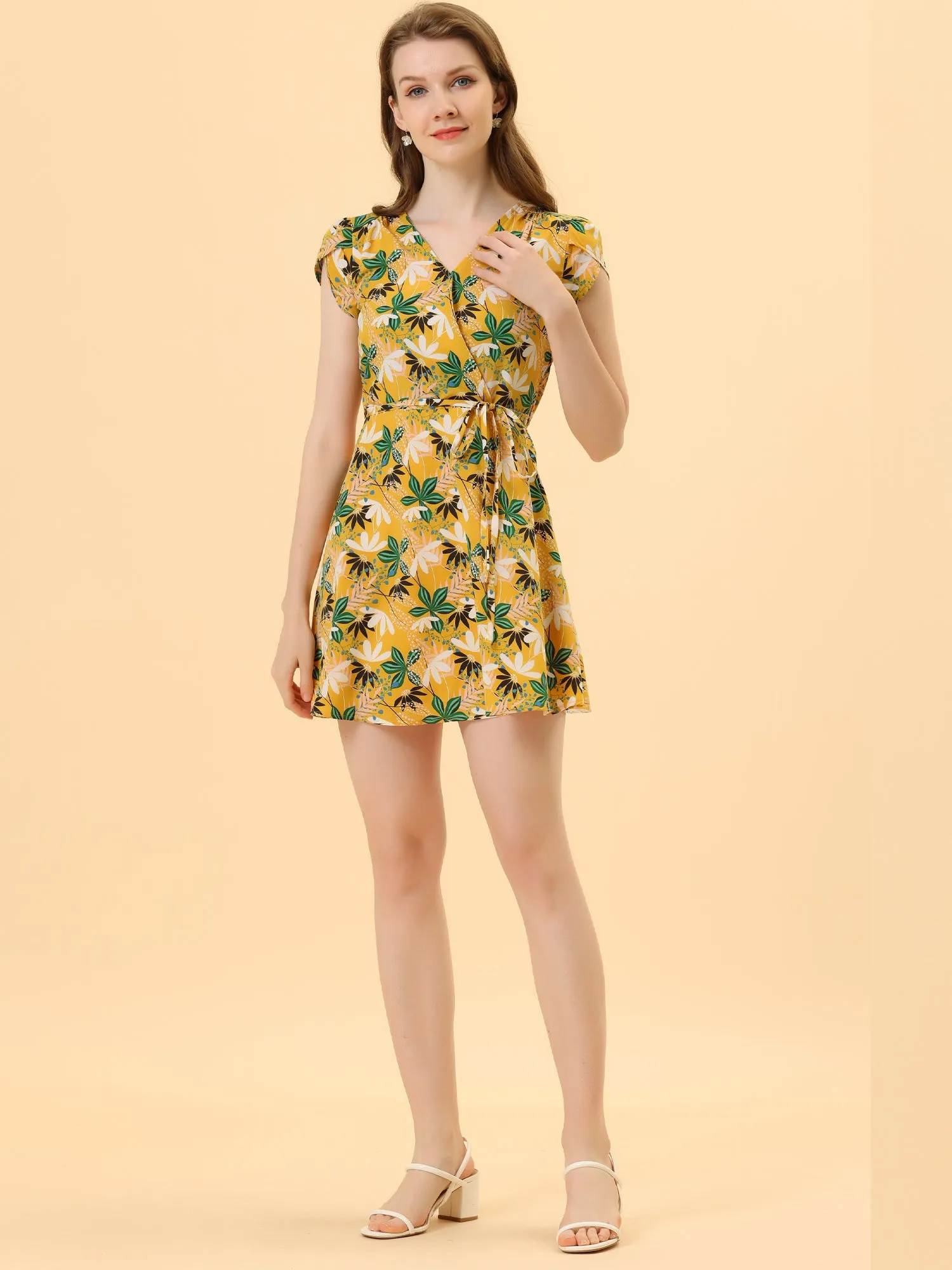 Boho Crossover V Neck Petal Sleeve Belted Floral Flowy Dress