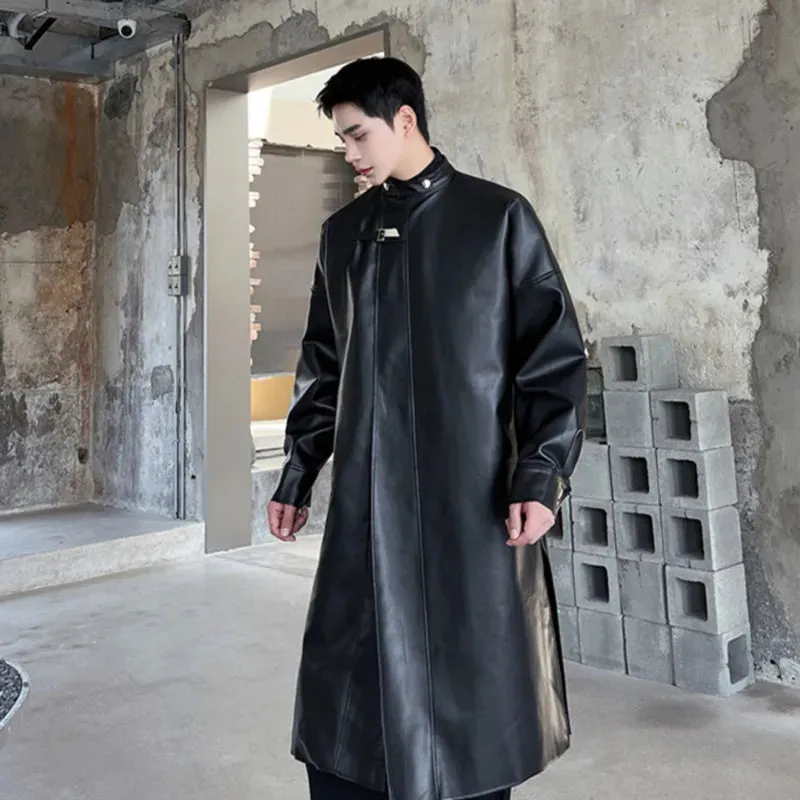 Men's Trench Coat Round Neck PU Leather Windbreaker Fashion Korean Style Over Knee Long Overcoat Trend Loose Autumn 9C2816