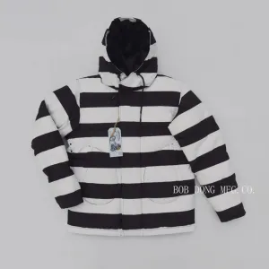 Prisoner Stripes Hooded Down Coat Men's Moto Biker Style Parka