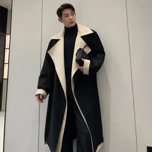 Winter Fashion Trench Personality Contrast Color Large Collar Fake Two Long Coats With Cotton Temperament Men Tops